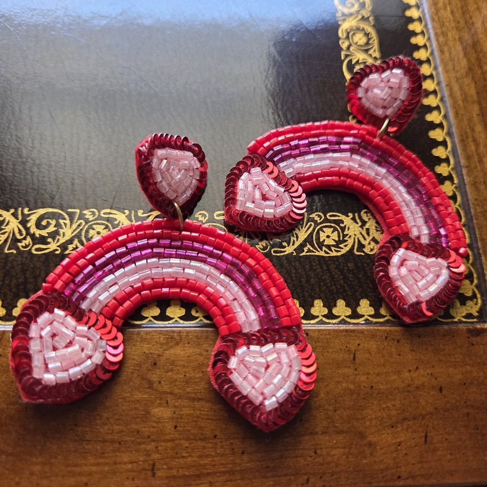 Felt Back Beaded Double Heart Rainbow Dangle Earrings OFFER FRIENDLY